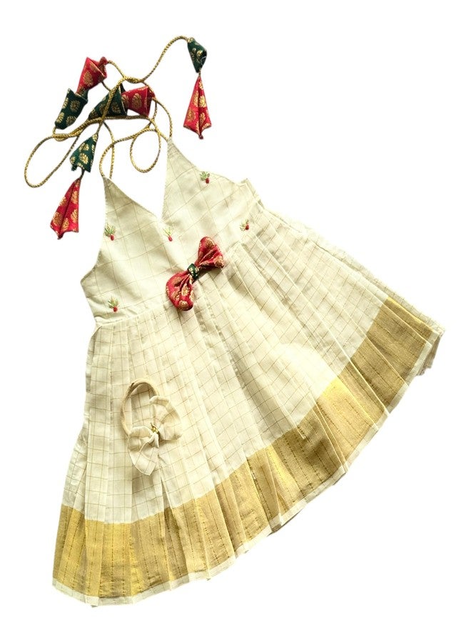 Picksparrow Newborn Baby Girl Ethnic Dress/Traditional Frock with Headband (Red-Green Embroidery) (in, Age, 6 Months, 12 Months, Offwhite) - Image 1
