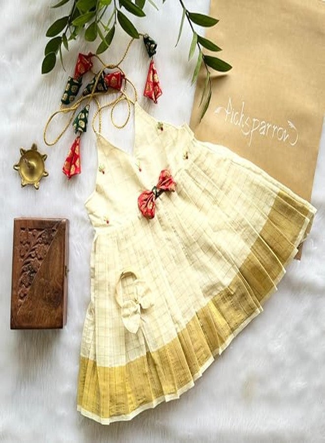 Picksparrow Newborn Baby Girl Ethnic Dress/Traditional Frock with Headband (Red-Green Embroidery) (in, Age, 6 Months, 12 Months, Offwhite) - Image 2