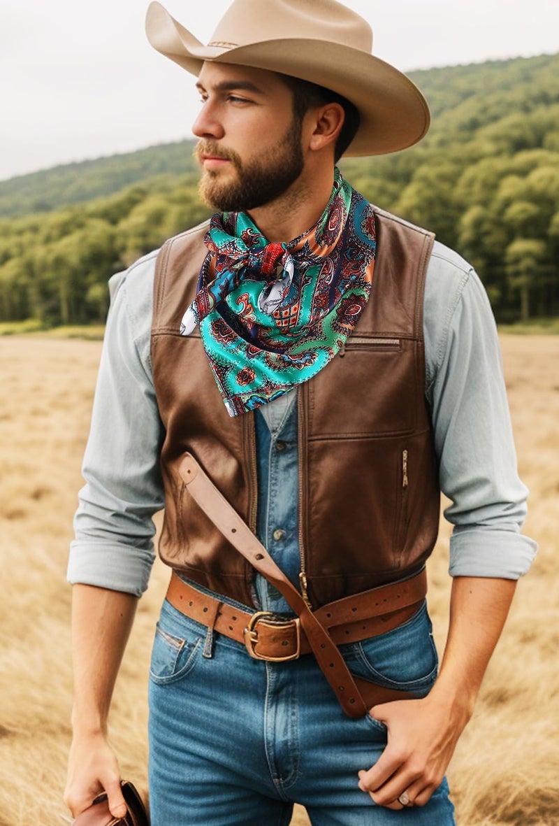 GERINLY Boho Wild Rag Scarves Ethnic, Western Bandana 35 Inch, Cowboy Gift Accessories(PeacockBlue) - Image 3