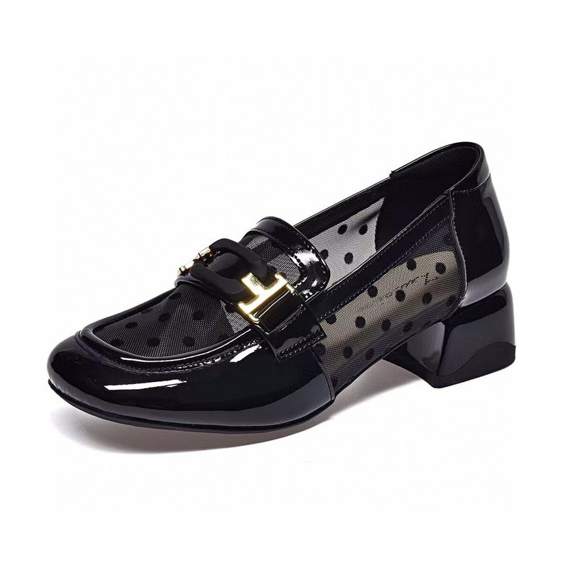 Mesh Shoes Women'S 2024 Square Head Wave Point Square Buckle Shallow Mouth Loafers Thick Heeled Small Leather Shoes Low Heeled Four Seasons Shoes - Image 1