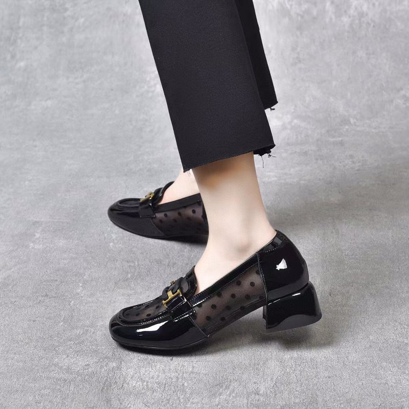 Mesh Shoes Women'S 2024 Square Head Wave Point Square Buckle Shallow Mouth Loafers Thick Heeled Small Leather Shoes Low Heeled Four Seasons Shoes - Image 4