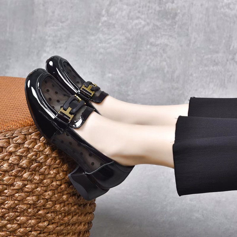 Mesh Shoes Women'S 2024 Square Head Wave Point Square Buckle Shallow Mouth Loafers Thick Heeled Small Leather Shoes Low Heeled Four Seasons Shoes - Image 5