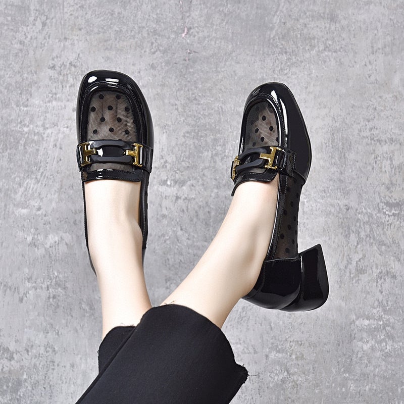 Mesh Shoes Women'S 2024 Square Head Wave Point Square Buckle Shallow Mouth Loafers Thick Heeled Small Leather Shoes Low Heeled Four Seasons Shoes - Image 3