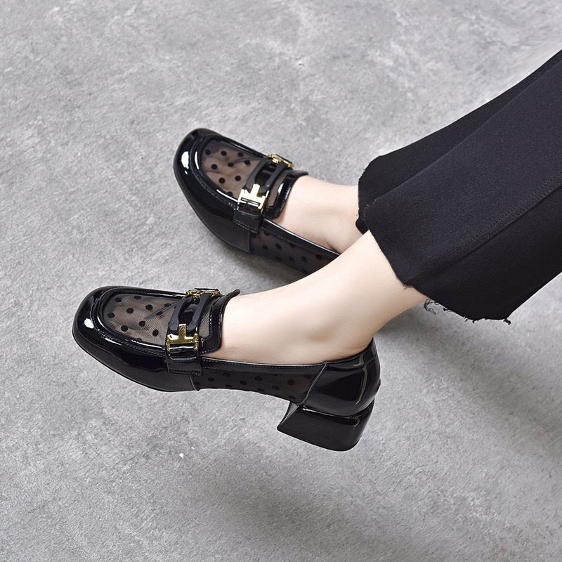 Mesh Shoes Women'S 2024 Square Head Wave Point Square Buckle Shallow Mouth Loafers Thick Heeled Small Leather Shoes Low Heeled Four Seasons Shoes - Image 2