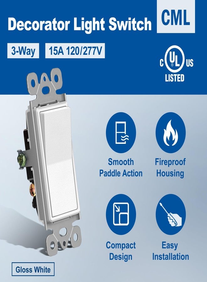 CML Hardware (20 Pack) CML 3 Way Decorator Paddle Rocker Wall Light Switch, Single Pole or Three Way, 15A 120/277V, On/Off Interrupter, UL Listed, White - Image 2