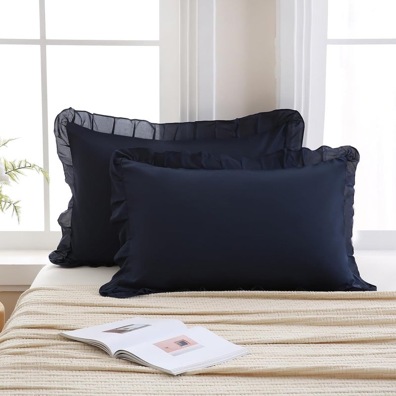 Merryword Navy Pillow Shams Navy Blue Ruffle Standard Pillowcases Cute Pillow Cover Set of 2 Shabby Chic Soft Microfiber Pillowcases 2 Pack - Image 2