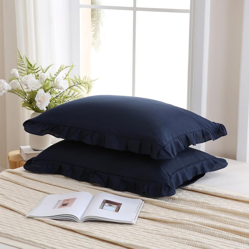 Merryword Navy Pillow Shams Navy Blue Ruffle Standard Pillowcases Cute Pillow Cover Set of 2 Shabby Chic Soft Microfiber Pillowcases 2 Pack - Image 3