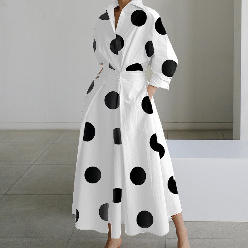 Fashion Long Sleeve V-Neck Printed Dress Black dots on white background 