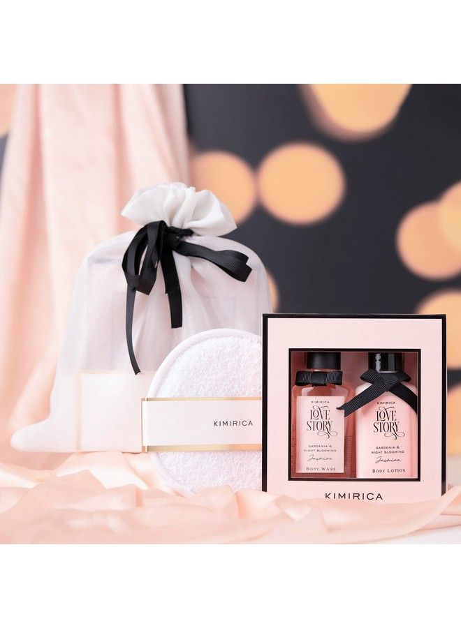 KIMIRICA "Nothing But Love Story" Duo Potli Cute Gift Set ; Gift Hamper For Birthday & All Special Occasions ; Romantic Notes Of Gardenia And Night Blooming Jasmine; Shower Gel Body Lotion ; Loofah Inside  - Image 3