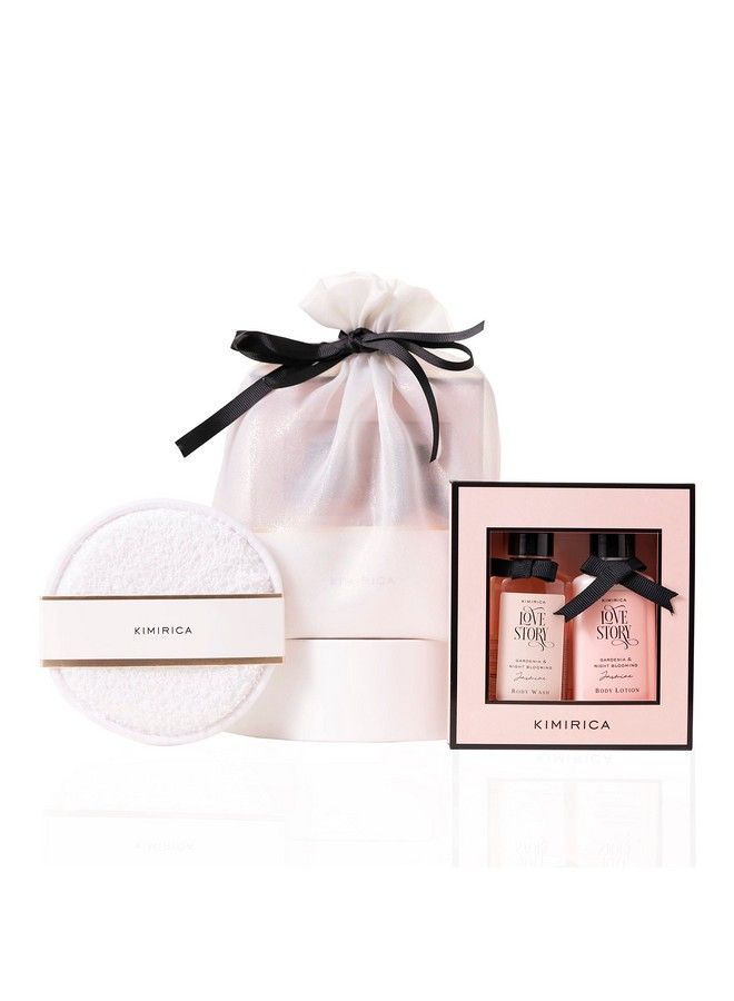 KIMIRICA "Nothing But Love Story" Duo Potli Cute Gift Set ; Gift Hamper For Birthday & All Special Occasions ; Romantic Notes Of Gardenia And Night Blooming Jasmine; Shower Gel Body Lotion ; Loofah Inside  - Image 1