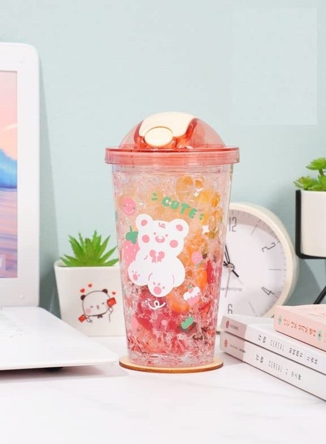 TEMSON Double Wall Cartoon Printed Sipper with Straw,Jelly Freezer Water Sipper for Kids, Acrylic Sipper Bottle with Straw - 450 ML (D - Green)(BB 9018) - Image 2