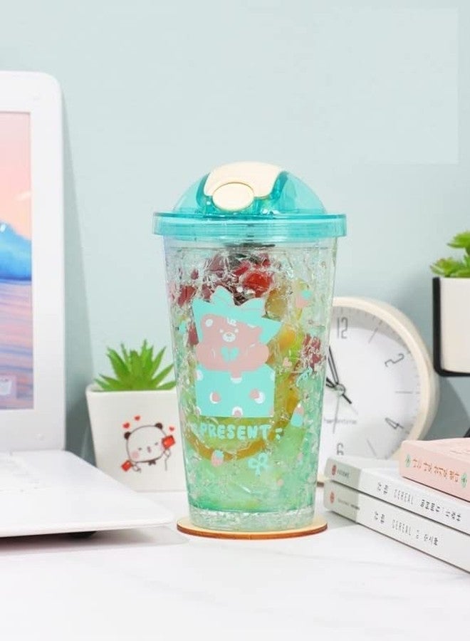 TEMSON Double Wall Cartoon Printed Sipper with Straw,Jelly Freezer Water Sipper for Kids, Acrylic Sipper Bottle with Straw - 450 ML (D - Green)(BB 9018) - Image 1