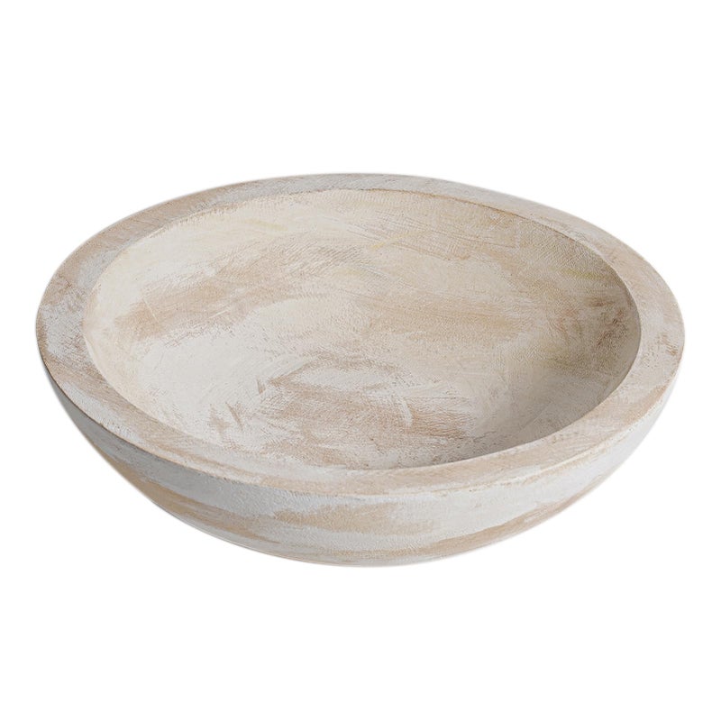 RUIRUICO Hand Carved Wooden Decorative Bowl for Home Entryway Decor, Wood Centerpiece Bowl for Coffee Table Decor, Wood Dough Bowl for Farmhouse Decor (Whitewashed) - Image 1