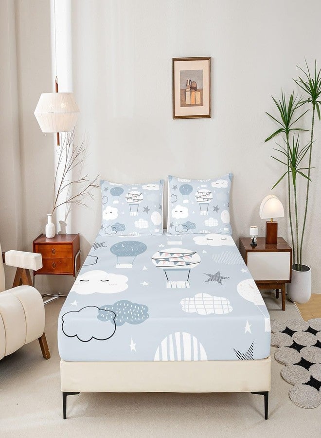 Man Fei Hot Air Balloon Kids Fitted Sheet Full Size,Cartoon Cloud Starry Sky Bedding Set,Girls Boys Adults Bedroom Decor,Cute Hand Painted Fashion Bed Cover,Grey Blue Bed Sheet,2 Pillowcases - Image 4