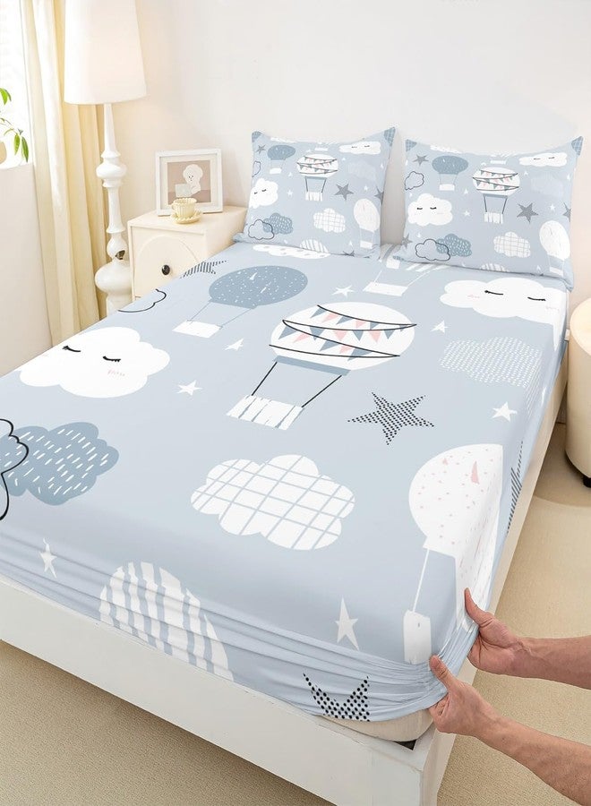 Man Fei Hot Air Balloon Kids Fitted Sheet Full Size,Cartoon Cloud Starry Sky Bedding Set,Girls Boys Adults Bedroom Decor,Cute Hand Painted Fashion Bed Cover,Grey Blue Bed Sheet,2 Pillowcases - Image 1