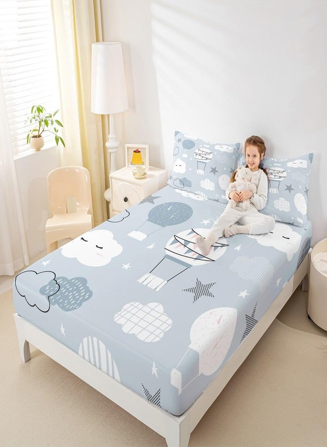 Man Fei Hot Air Balloon Kids Fitted Sheet Full Size,Cartoon Cloud Starry Sky Bedding Set,Girls Boys Adults Bedroom Decor,Cute Hand Painted Fashion Bed Cover,Grey Blue Bed Sheet,2 Pillowcases - Image 3
