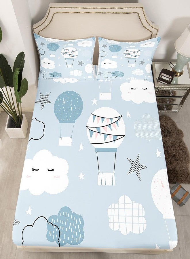 Man Fei Hot Air Balloon Kids Fitted Sheet Full Size,Cartoon Cloud Starry Sky Bedding Set,Girls Boys Adults Bedroom Decor,Cute Hand Painted Fashion Bed Cover,Grey Blue Bed Sheet,2 Pillowcases - Image 5