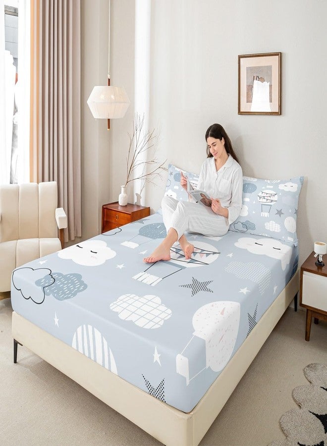 Man Fei Hot Air Balloon Kids Fitted Sheet Full Size,Cartoon Cloud Starry Sky Bedding Set,Girls Boys Adults Bedroom Decor,Cute Hand Painted Fashion Bed Cover,Grey Blue Bed Sheet,2 Pillowcases - Image 2