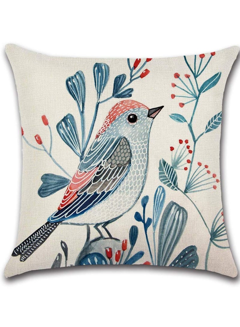 Set of 4 Floral Bird Cotton Linen Square Pillowcases with Invisible Zipper, 18 x 18 in/45 x 45 cm, Perfect for Sofa, Bedroom, Terrace, and Office Upholstery. - Image 4