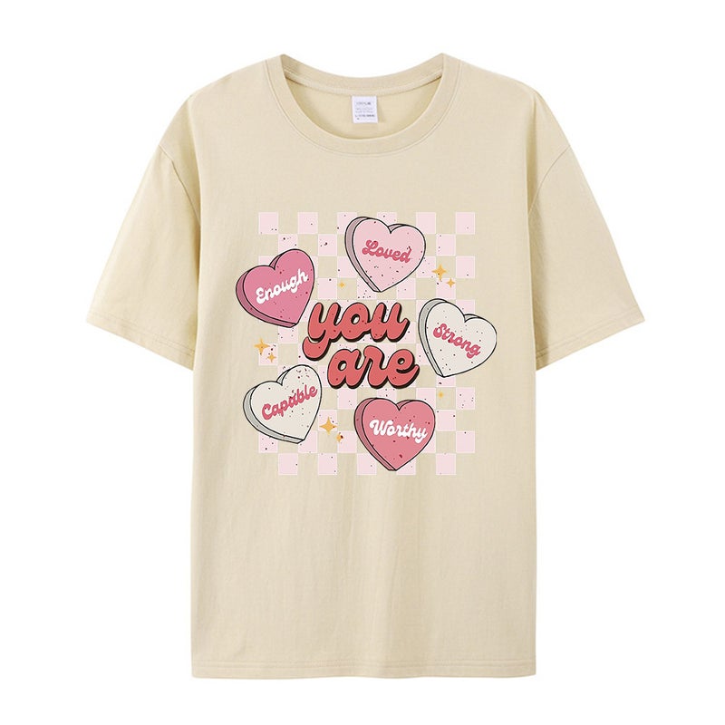 Unisex T-Shirt With Checkered Heart Print, Short-Sleeve Women'S Top, Loose Fit, Round Neck, 3D Stereo Print - Image 4