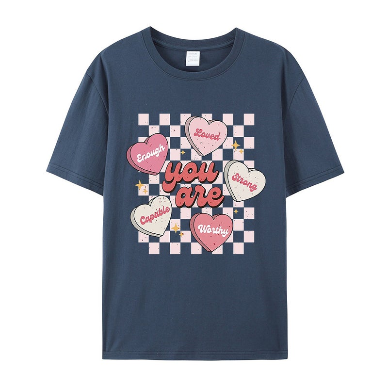 Unisex T-Shirt With Checkered Heart Print, Short-Sleeve Women'S Top, Loose Fit, Round Neck, 3D Stereo Print - Image 1
