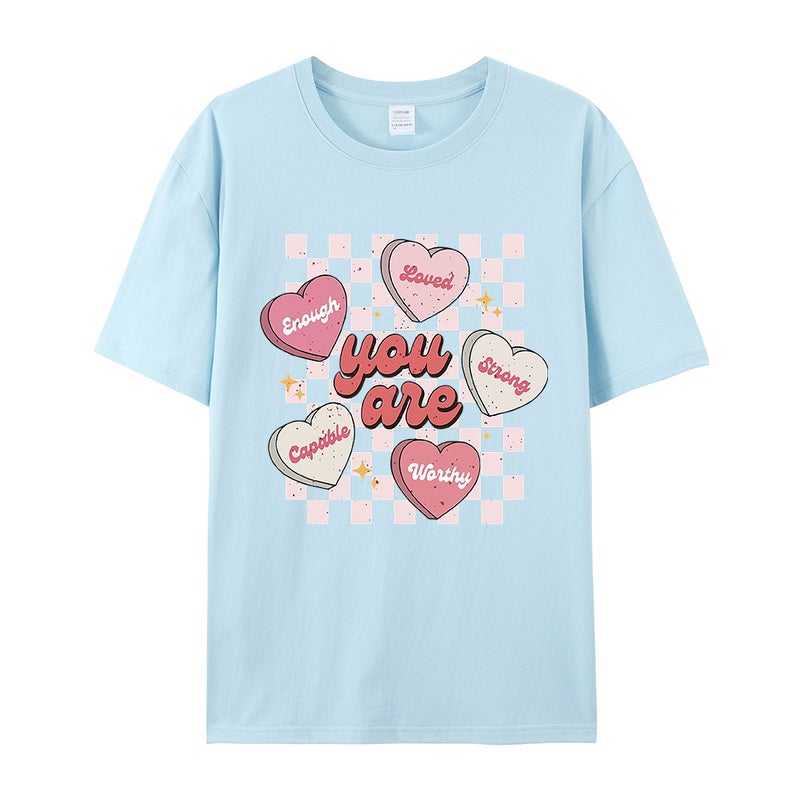 Unisex T-Shirt With Checkered Heart Print, Short-Sleeve Women'S Top, Loose Fit, Round Neck, 3D Stereo Print - Image 5