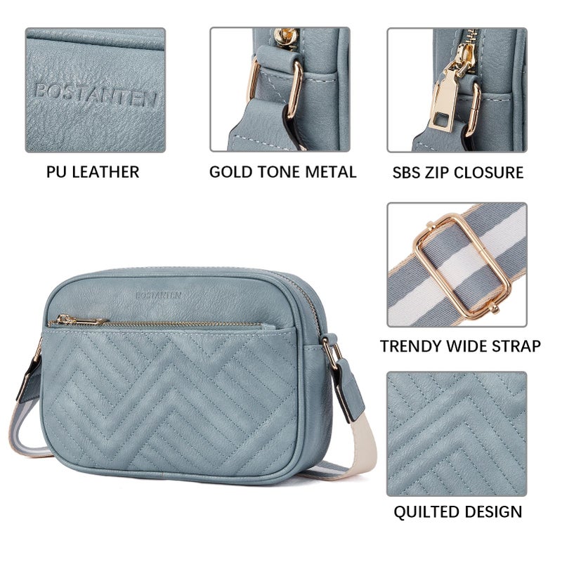 BOSTANTEN Quilted Crossbody Bags for Women Vegan Leather Purses Small Shoulder Handbags with Wide Strap Light Blue - Image 3