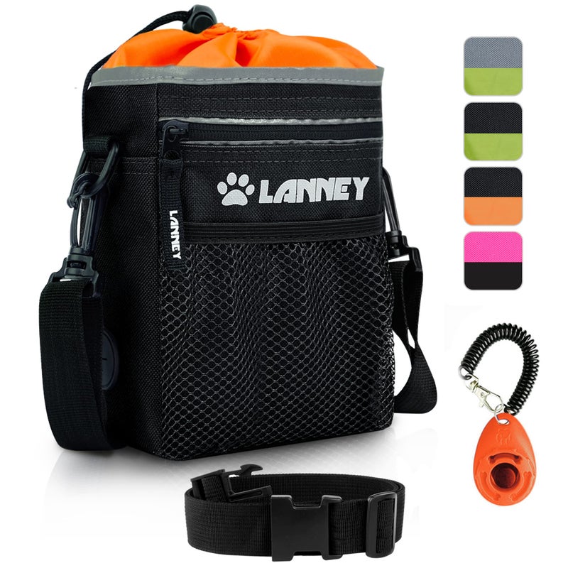 LANNEY Dog Treat Pouch Pet Training Bag for Small to Large Dogs, Treat Tote Carry Kibble Snacks Toys for Training Reward Walking, Metal Clip, Waist belt, Shoulder Strap, Poop Bag Dispenser, Black with Orange - Image 1