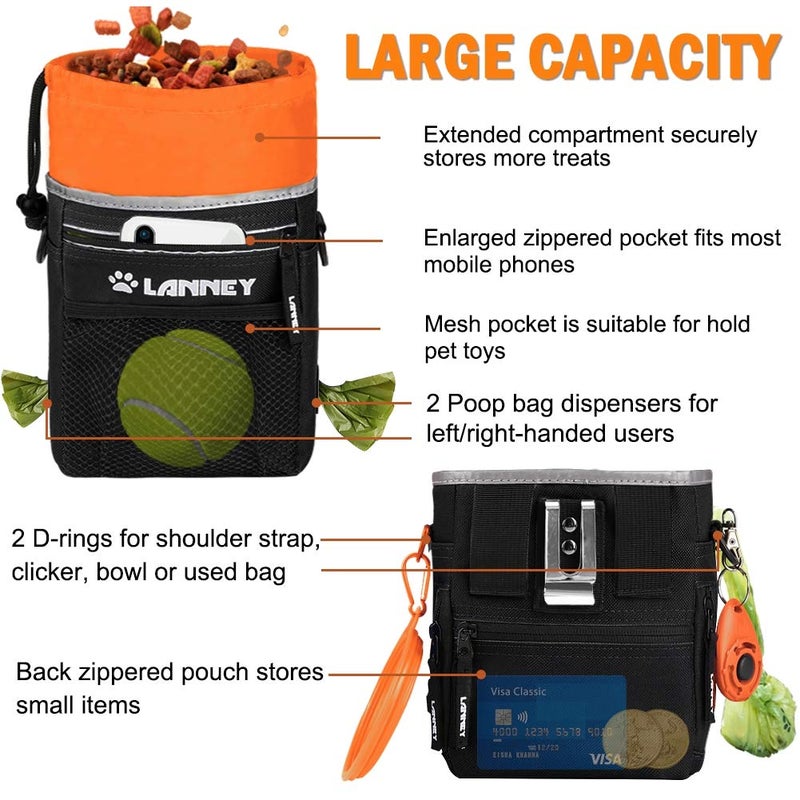LANNEY Dog Treat Pouch Pet Training Bag for Small to Large Dogs, Treat Tote Carry Kibble Snacks Toys for Training Reward Walking, Metal Clip, Waist belt, Shoulder Strap, Poop Bag Dispenser, Black with Orange - Image 4