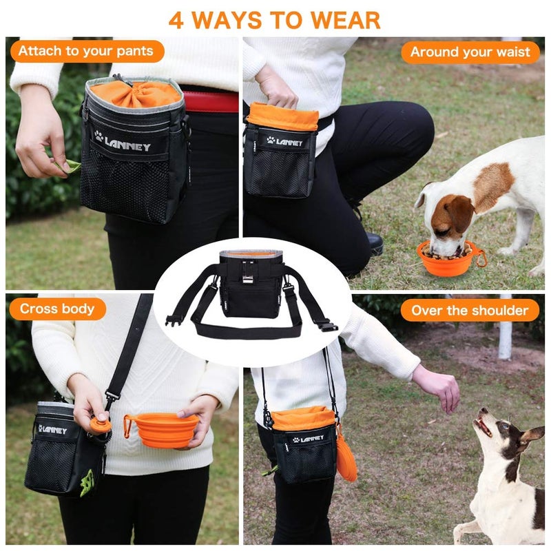 LANNEY Dog Treat Pouch Pet Training Bag for Small to Large Dogs, Treat Tote Carry Kibble Snacks Toys for Training Reward Walking, Metal Clip, Waist belt, Shoulder Strap, Poop Bag Dispenser, Black with Orange - Image 5