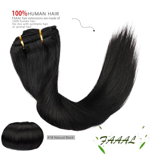 FAAAL 16" Clip in Human Hair Extensions Full Head 130g 7 Pieces 16 Clips 1B# Natural Black Double Weft Brazilian Real Remy Hair Extensions Thick Silky Straight (16", Natural Black) - Image 3