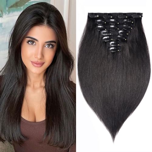 FAAAL 16" Clip in Human Hair Extensions Full Head 130g 7 Pieces 16 Clips 1B# Natural Black Double Weft Brazilian Real Remy Hair Extensions Thick Silky Straight (16", Natural Black) - Image 1
