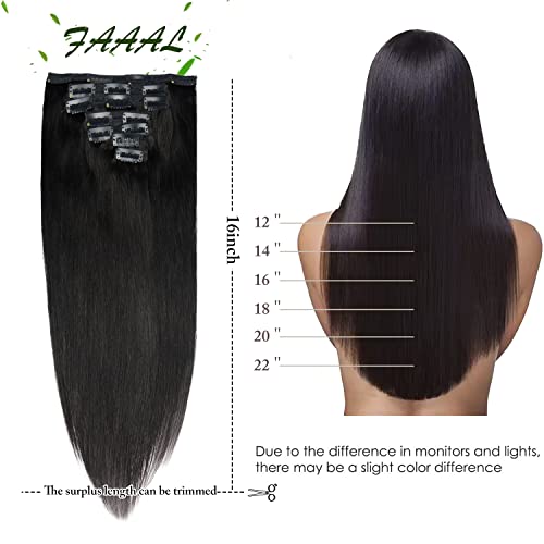 FAAAL 16" Clip in Human Hair Extensions Full Head 130g 7 Pieces 16 Clips 1B# Natural Black Double Weft Brazilian Real Remy Hair Extensions Thick Silky Straight (16", Natural Black) - Image 2