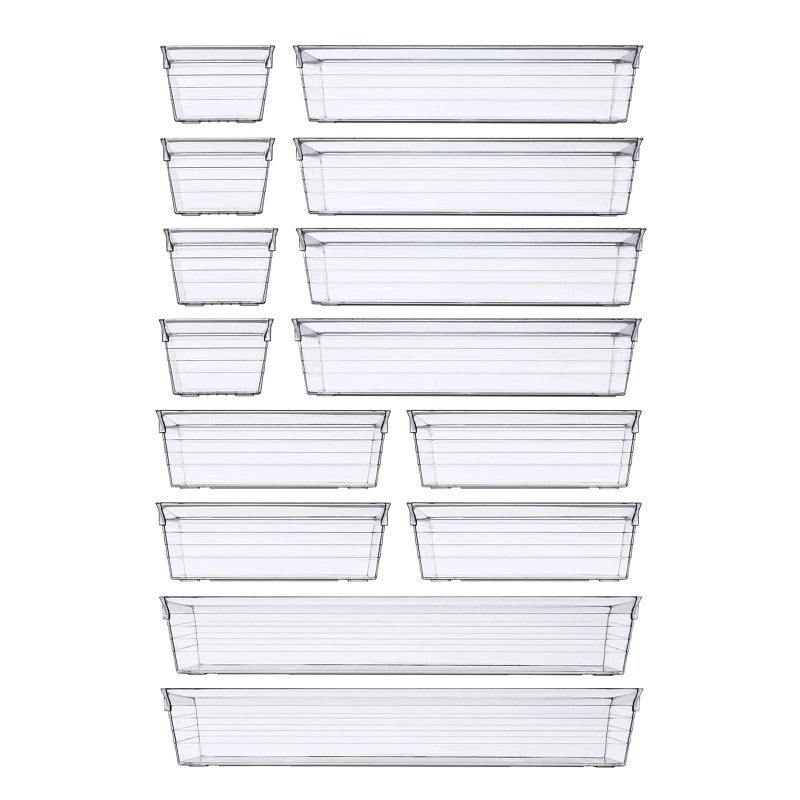 Clear Plastic Drawer Organizer Trays, 14-Piece Interlocking Set for Custom Layouts, Multi-Size Storage Bins for Makeup, Kitchen Utensils, Office Supplies, and Jewelry Organization