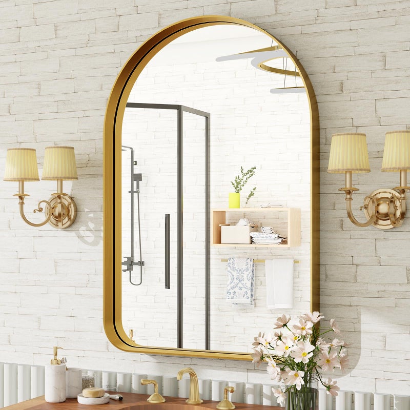 Arched Bathroom Mirror 36x24 Inch Gold Bathroom Mirror for Wall Aluminum Alloy Framed Mirror Arched Top Bathroom Vanity Mirror for Living Room Bedroom Mantel Entryway and Hallways