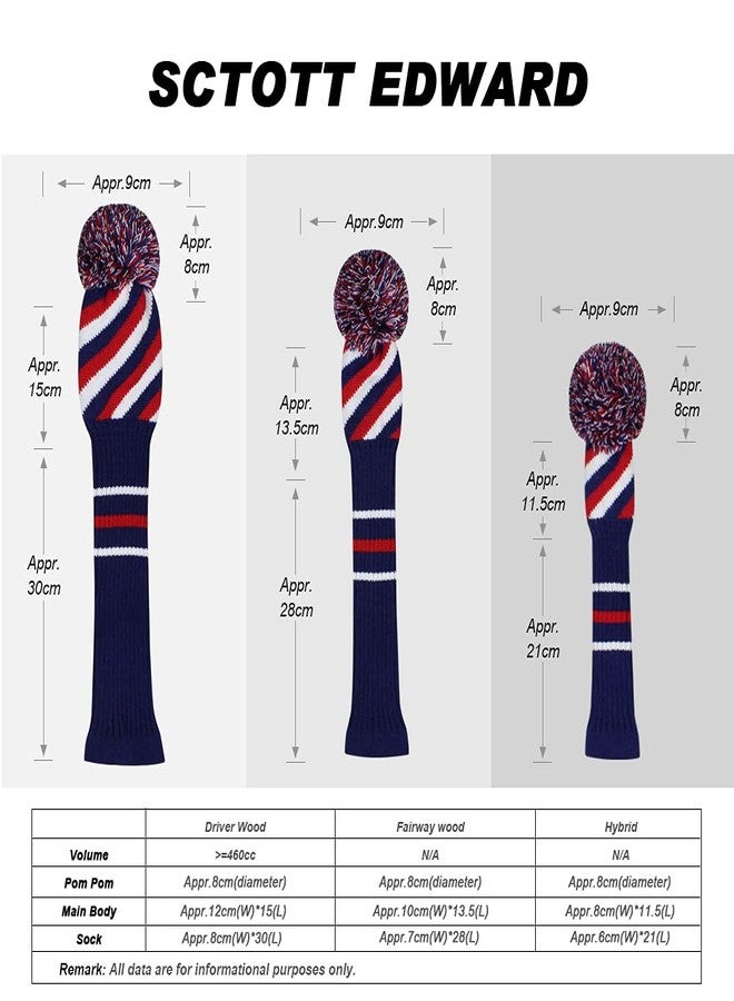 Scott Edward 4PCS Wood Golf Head Cover Knit, for Driver Fairway Hybrid, with Rotating Number Tags Blue Red White - Image 3