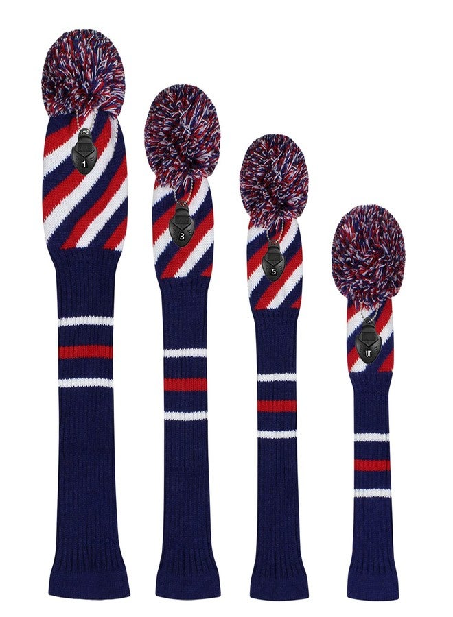 Scott Edward 4PCS Wood Golf Head Cover Knit, for Driver Fairway Hybrid, with Rotating Number Tags Blue Red White - Image 2