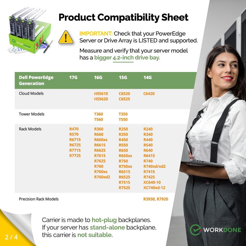 WORKDONE 4-Pack - 3.5 inch Hard Drive Caddy - Compatible for Dell PowerEdge Selected 16th-14th Gen. Servers - with Detailed Installation Manual - Sled Front Sticker Labels - Screwdriver - Image 3