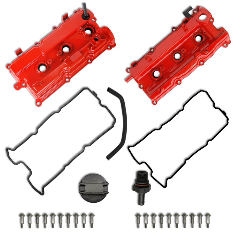 غطاء صمامات ألمنيوم MITZONE المحدث الأمامي والخلفي متوافق مع نيسان ألتيما 2002-2009، ماكسيما، مورانو، كويست، إنفينيتي i35 VQ35DE 3.5L أحمر