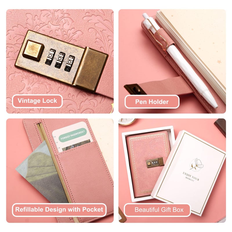 Yoment Lock Diary Vintage Journal with Lock for Women Leather Diary with Locks Refillable Personal Locking Locked Journal Writing Notebook B6 Secret Journal with Combination Password 5.5 x 7.8 in, Pink - Image 3