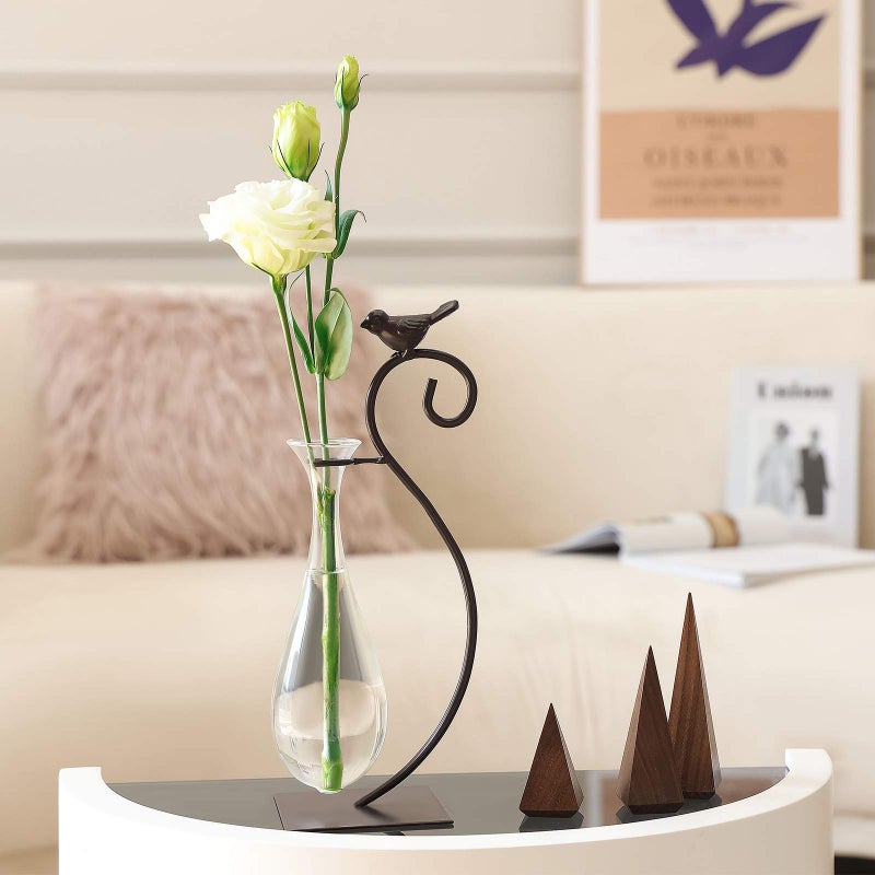 Marbrasse Desktop Glass Planter Hydroponics VasePlanter Bulb Vase with Holder for Home DecorationModern Creative Bird Plant Terrarium Stand Scindapsus Container Water Drop Vase