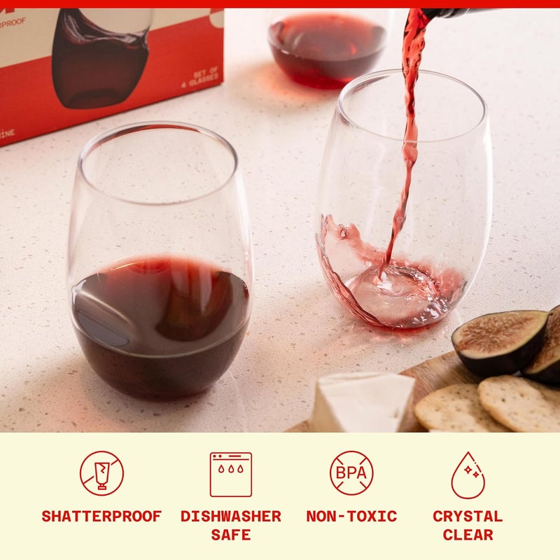 govino كأس النبيذ الأصلي المقاوم للكسر – قابل لإعادة الاستخدام، آمن للاستخدام في غسالة الأطباق، خالٍ من مادة BPA، متين، شفاف بلوري، كؤوس نبيذ أحمر بدون ساق للاستخدام الداخلي والخارجي واليومي | سعة 16 أونصة لكل كأس | مجموعة من 4. - Image 2