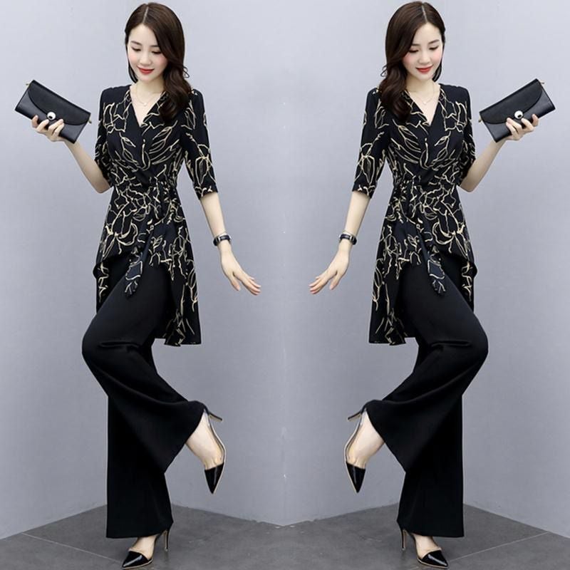 Single/suit Korean style high waist draping wide leg pants goddess style 2024 Summer new fashion Western style plus size suit pants for women Black floral top + Black wide leg pants
