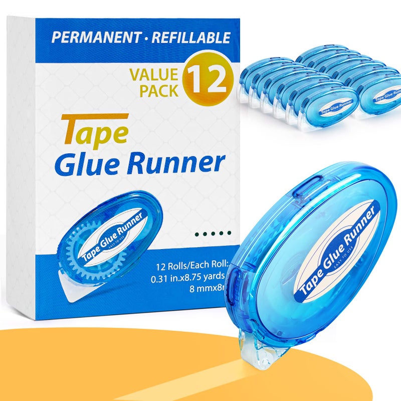 12 Pack Double Sided Tape Roller 8mm x 315 Inch Permanent Adhesive Scrapbook Tape Dispenser Runner Glue Tape Roller for Scrapbooking Crafts and Arts Projects PhotoSafe Smooth Clean