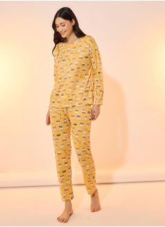Take Two All Over Cat Print Long Sleeve T-Shirt & Pyjama Set  - Image 1