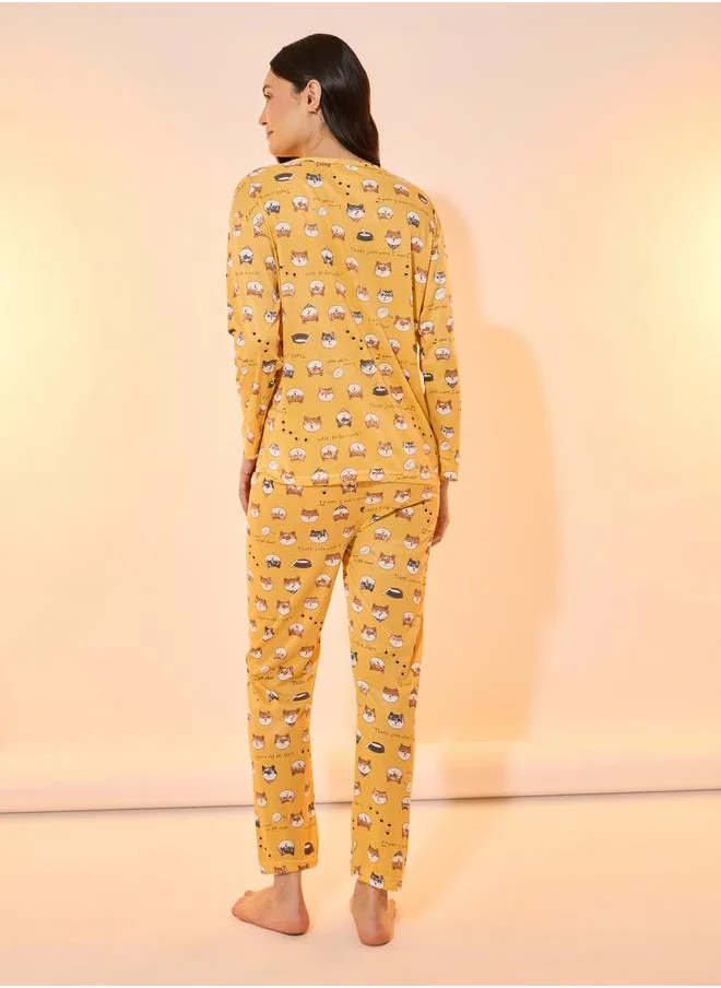Take Two All Over Cat Print Long Sleeve T-Shirt & Pyjama Set