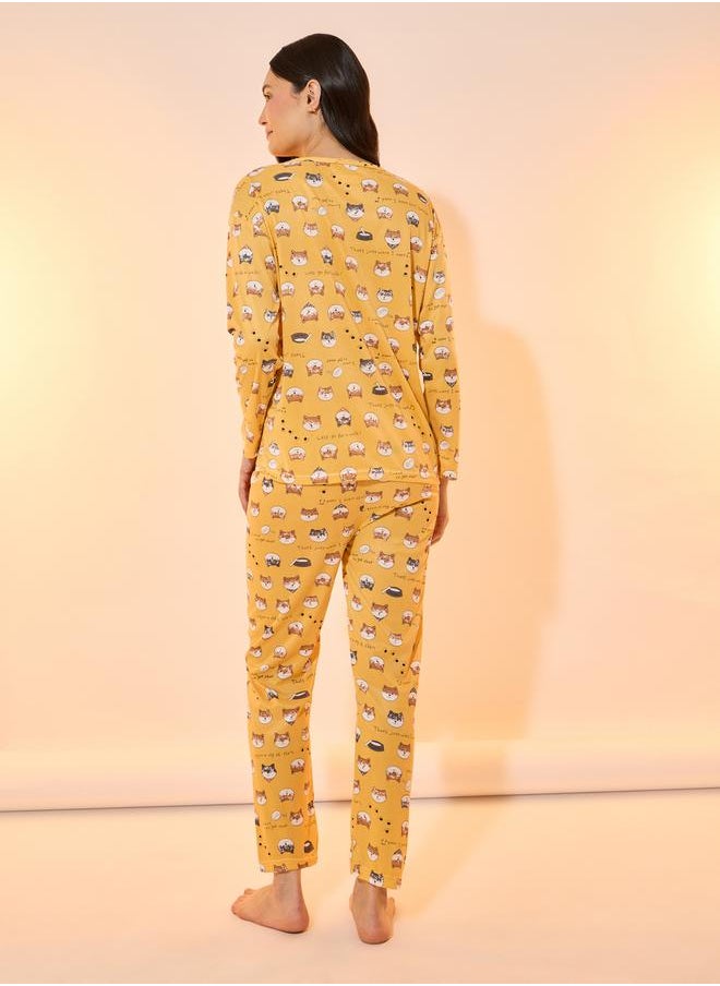 Take Two All Over Cat Print Long Sleeve T-Shirt & Pyjama Set  - Image 5