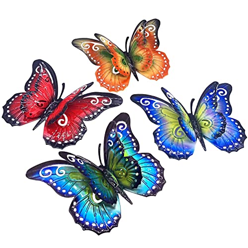 Daogtc Metal Butterfly Outdoor Wall Decor- 6.5'' 3D Metal Colorful Hanging Double Wings Butterflies for Garden Yard Decoration Outdoor or Indoor Decor, Gifts for Mom Dad Friends (4 Pack) - Image 1