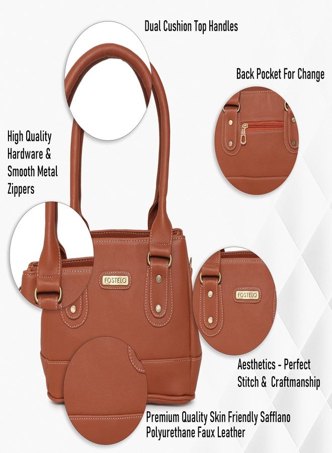 Fostelo Women's Three Partition Irene Satchel Tote Handbag for Women | Ladies Purse | Stylish Shoulder Bag | Gift For Women | Tan - Image 2