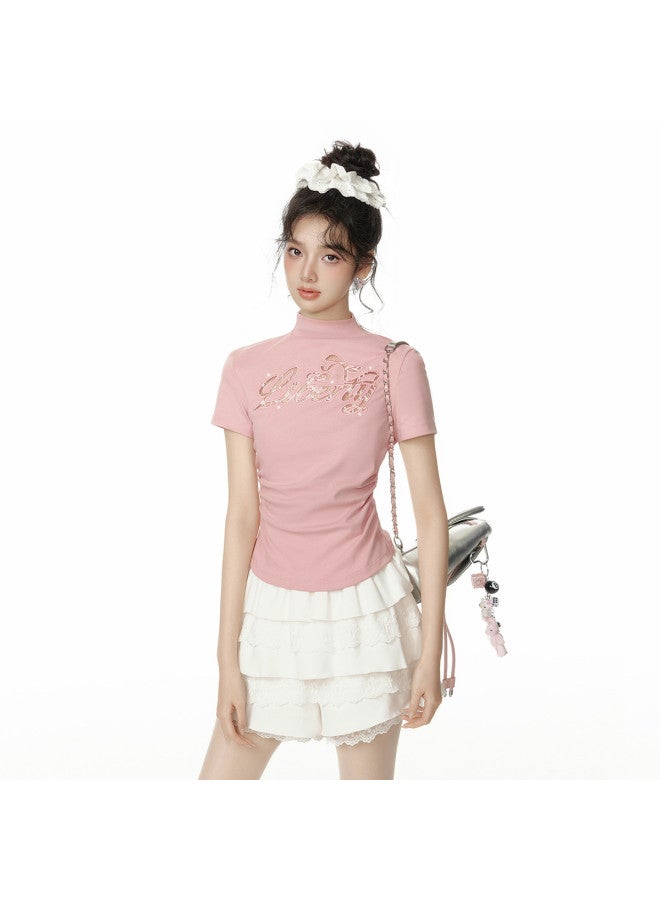 EPTISON Short Sleeve Lace-up T-shirt For Women 2025 Summer New Arrival sweet Girly Style With Hollow-out Lace Embroidery fashionable Design Top - Image 2